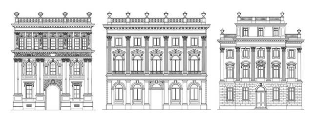 Set of classical building facades in line art style