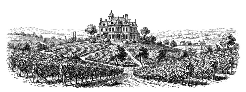 Vintage vineyard landscape with chateau on hill