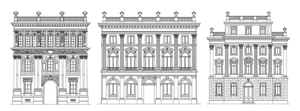 Set of classical building facades in line art style