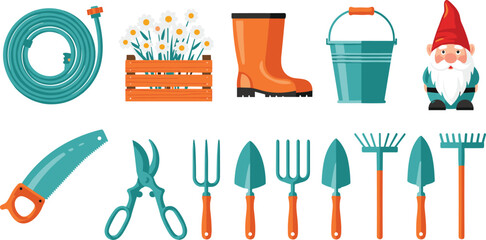 Colorful, gardening tools illustration set, with hose boots bucket gnome shovel rake fork trowel scissors saw for garden work equipment vector icons isolated white © Mursalatun