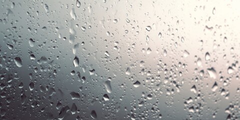 Numerous clear water droplets adhere to a smooth glass surface during inclement weather