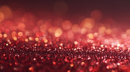 Close-up of red glitter with soft focus bokeh, creating a festive, dreamy atmosphere with a rich, shimmering texture