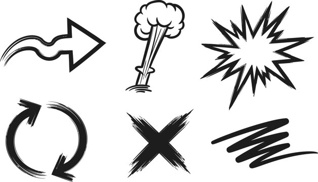 Hand Drawn Comic Doodle Elements With Explosion Arrows And Sketch Symbols. hand drawn, doodle elements, comic explosion, sketch arrows, cartoon symbols