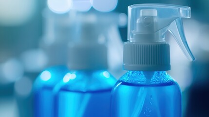 Close up of blue antiseptic spray bottles with clear liquid and pump dispensers in a shallow depth of field