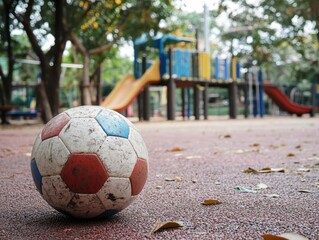 A kids playground with a ball in the front ground .