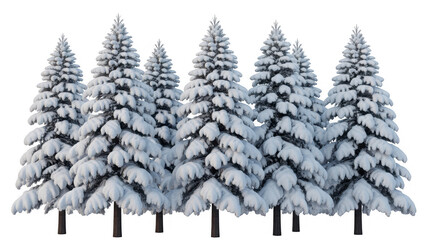 Fototapeta premium Snow covered pine trees in a row winter forest isolated on a transparent background