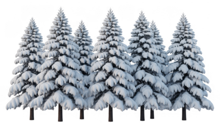 Snow covered pine trees in a row winter forest isolated on a transparent background
