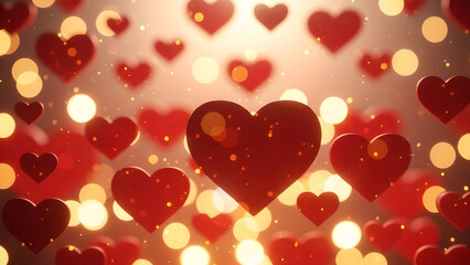 Romantic background with numerous red hearts glowing amidst shimmering golden bokeh lights, symbolizing deep affection, passion, and celebration of love