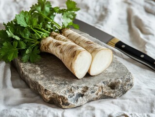 A two root parsley on the stoned kitchen board.