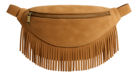 Tan suede fanny pack with fringe trim and zip closure.