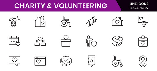 Volunteering and charity web icons in line style. Donate, donor, doctor, care, help, support, collection Vector illustration.