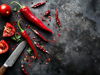 A chilli peppers on the stoned kitchen board.