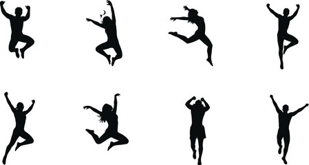 Silhouettes of people jumping in dynamic poses, joyful energy and freedom concept illustration, active movement, celebration, fitness, dance, excitement and expressive human motion artwork