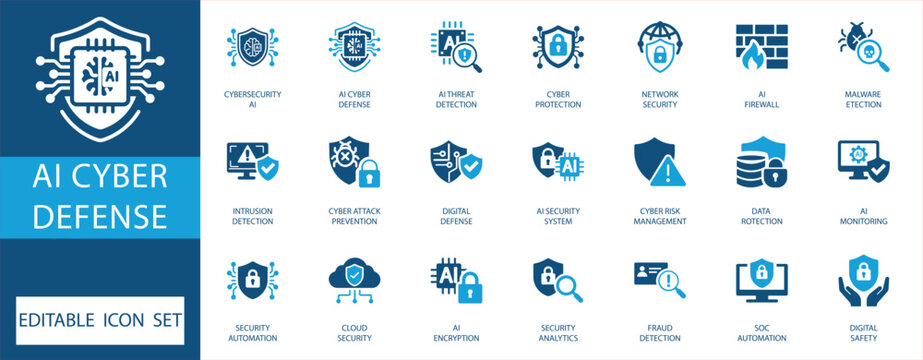 AI Cyber Defense Icon Set. Digital security, network protection, threat detection, and risk management concepts. Perfect for technology, data protection, and AI-driven security projects