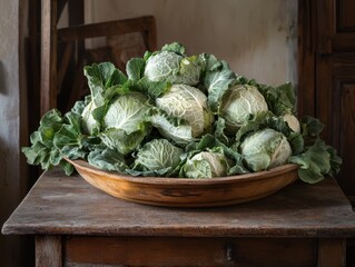 A cabbage on the wooden plate.