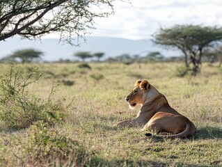 A lioness laying in the wildness .