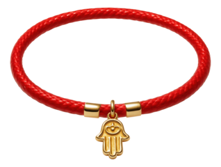 Red bracelet featuring a small gold-tone hamsa hand charm.
