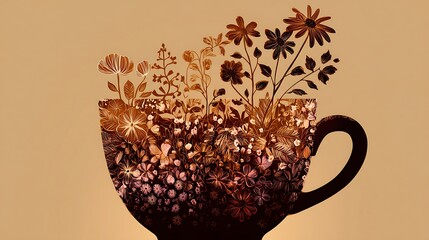 A warm cup of coffee surrounded by coffee beans in a cozy cafe setting