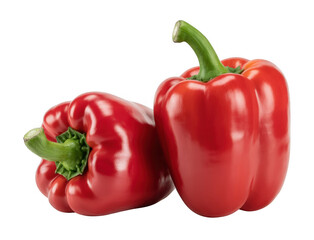 Two red bell peppers with green stems vegetable food isolated on a transparent background