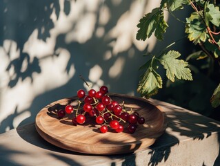 A red currant on the wooden plate.