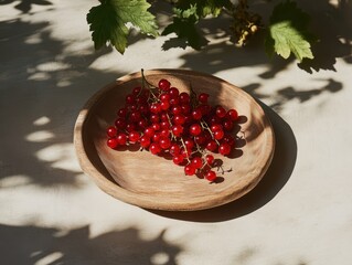 An red currant on the wooden plate.