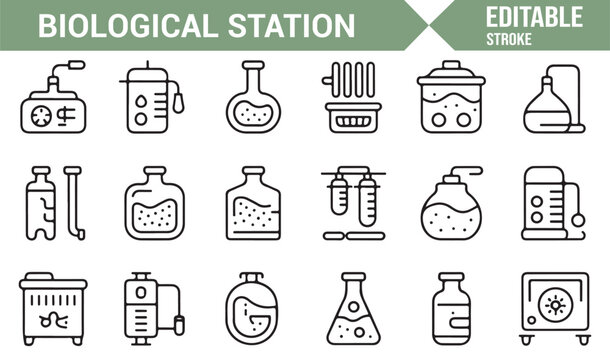 Science laboratory and biotechnology equipment icon set