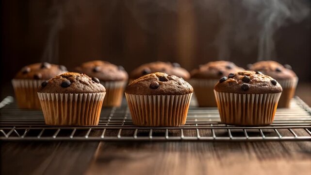 Chocolate chip muffin warm bakery fresh steam aroma tempting breakfast snack chocolate chip muffin warm fresh baked cooling rack steaming homemade