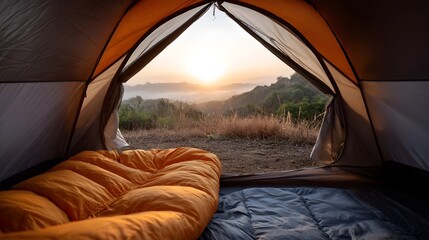 Fototapeta premium View from inside a tent at sunrise over misty mountains