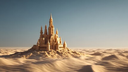 Naklejka premium Majestic Sand Castle Fortress in a Vast Desert Landscape.