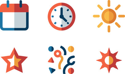 Set of six flat vector icons for calendar, clock, sun, star, confetti, and sunburst
