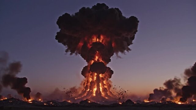 Massive nuclear explosion mushroom cloud with fire and destruction