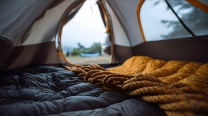 Fototapeta premium Inside a camping tent with cozy sleeping bags and a misty outdoor view