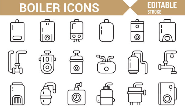 Monochrome boiler and HVAC installation icon collection