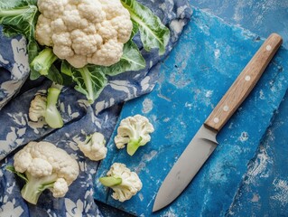 A cauliflower on the kitchen board.