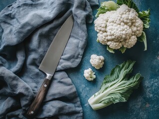 A cauliflower and a knife on the side in the nice still life photography.