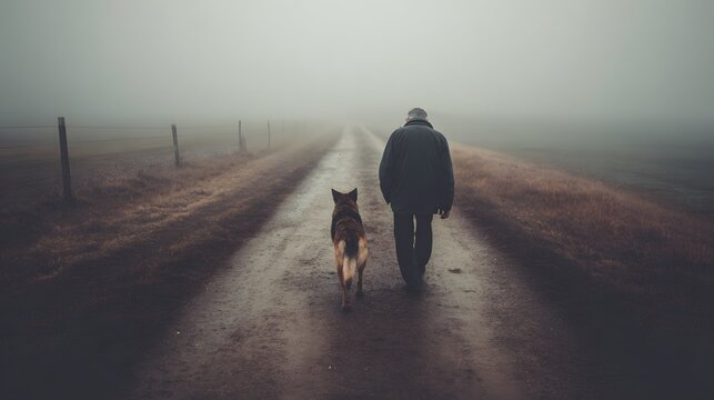 Man and Dog Walking Down a Foggy Rural Road.