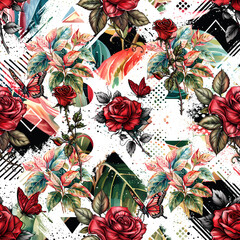 Seamless vector pattern with red garden flowers isolated on a changeable background. Vintage painting style illustration 