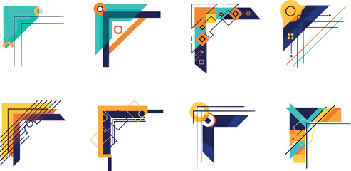 Collection of eight abstract geometric corner elements in bold colors