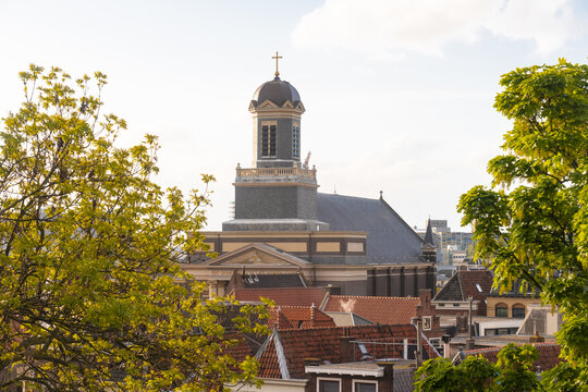 View of a church tower rising above red tiled roofs, framed by lush green trees, under a bright sky, Leiden, South Holland, Netherlands.