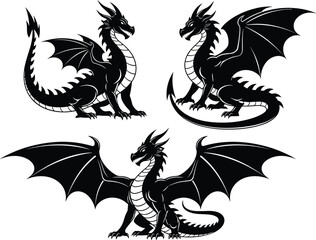 Mythical Dragon Silhouette Set, Fantasy Creature Poses, Flying Monster Vector, Gothic Beast Outlines