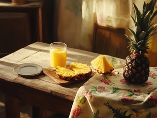 A sliced pineapple and pineapple juice on the kitchen table.