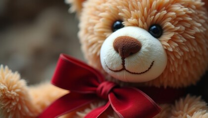 Plush teddy bear with red bow sitting on soft surface  