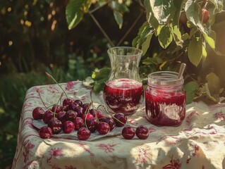 A cherries and cherry juice in the garden.