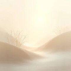 Misty landscape with gentle hills and sparse trees at sunrise  