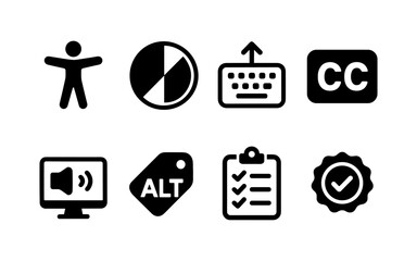 Collection of eight diverse black icons representing accessibility, data, and quality assurance
