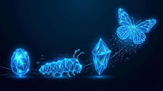 Glowing blue metamorphosis of butterfly from egg to winged adult