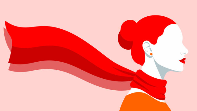A stylized illustration of a woman with bright red hair and a flowing red scarf against a soft pink background.