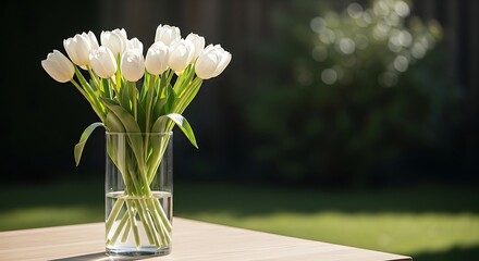 A fresh and uplifting morning scene featuring a bouquet of soft pastel tulips arranged elegantly in a tall clear glass vase placed on a rustic wooden table, styled with a gentle vintage aesthetic