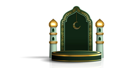 Luxurious 3D Ramadan podium stage with minarets, crescent, and arabesque Islamic arch on a white background