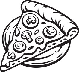  Pizza piece black illustration. Pizzeria symbol. Fast food sign.